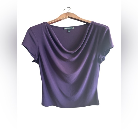 Suzie In The City Tops - Suzie In The City Purple Draped Cowl Neck Short Sleeve Top Evening Casual Blouse